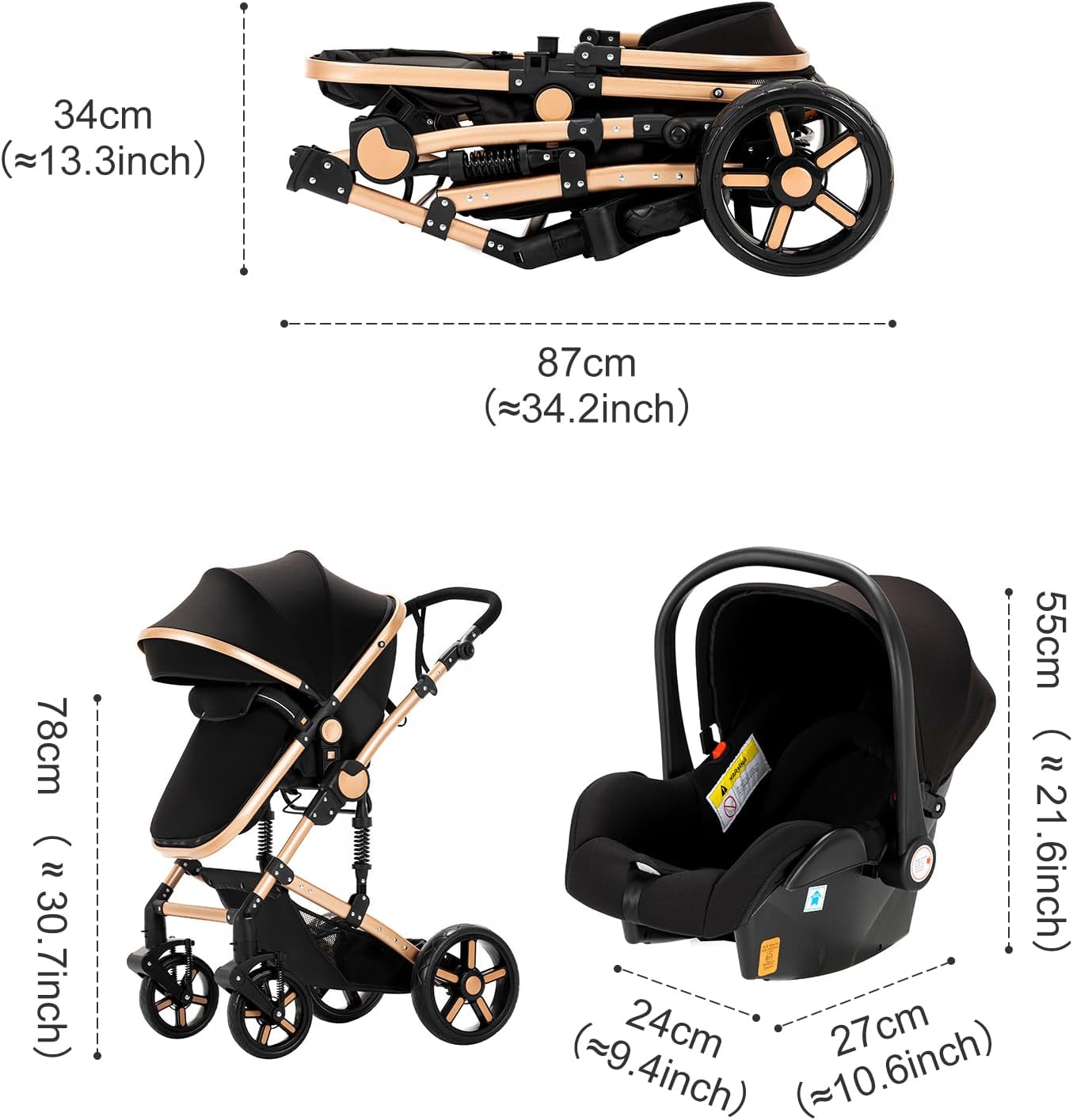 Magic ZC 3 in 1 Pushchair Pram Travel System, Baby Stroller 3 in 1