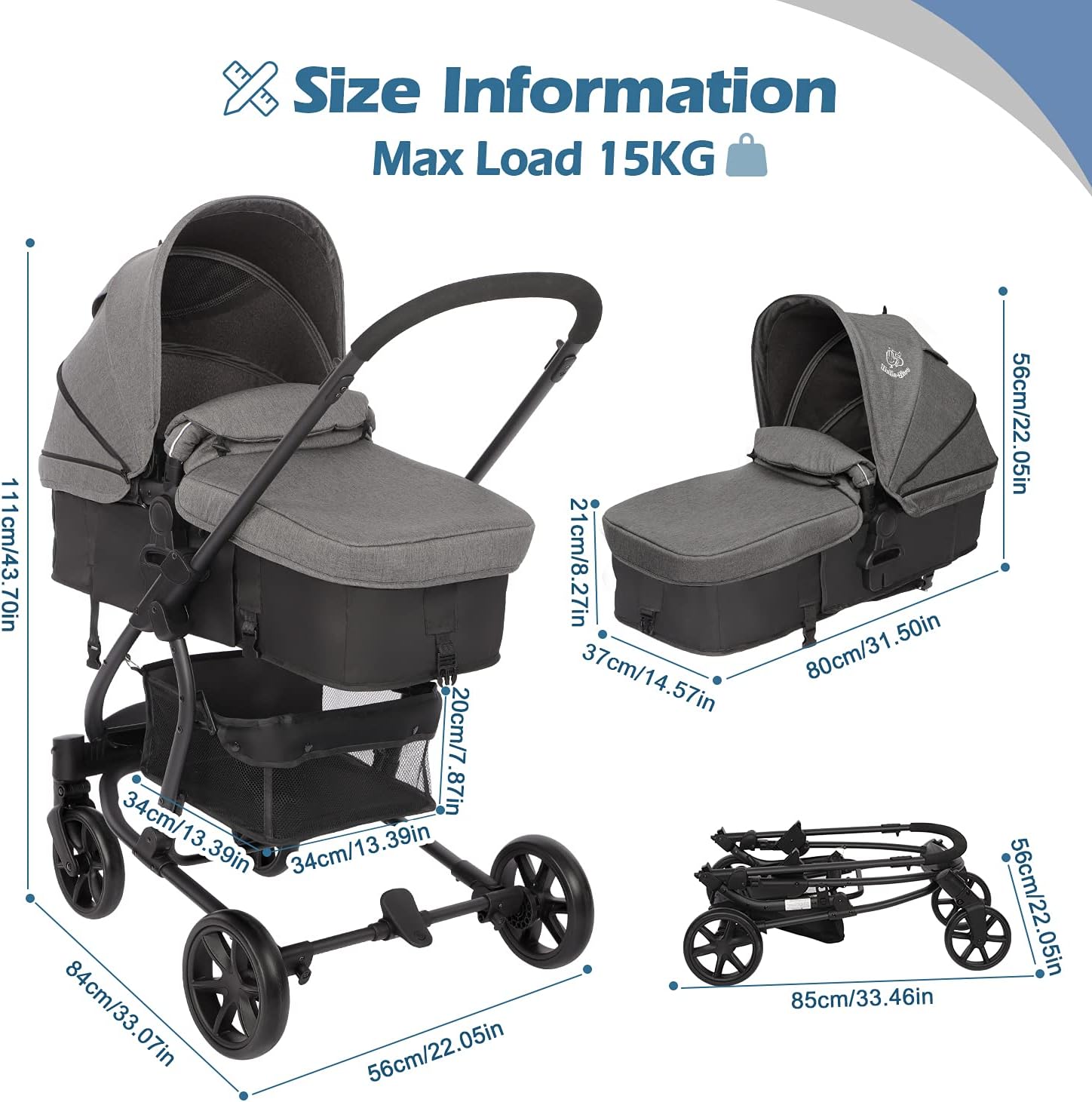 Hadwin Pram 2-in-1 Travel System, Foldable Baby Pushchair with Rain Cover