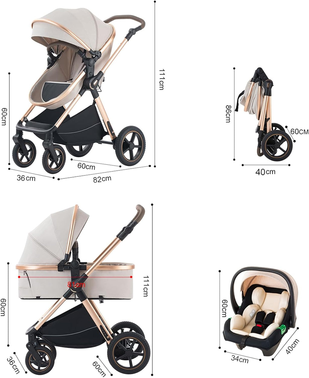 BEBBY 3 in 1 Pram, Pushchair with Seat, Pushchair 3 in 1 Travel Stroller
