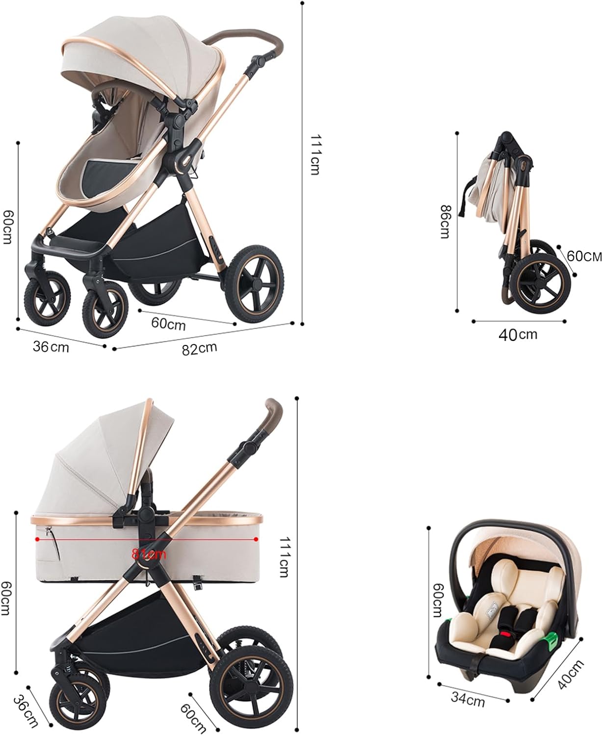 BEBBY 3 in 1 Pram, Pushchair with Seat, Pushchair 3 in 1 Travel Stroller