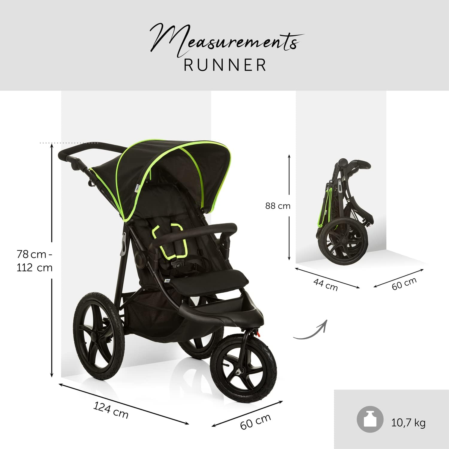 hauck Runner, Black / Neon Yellow - Robust All Terrain Pushchair with Raincover