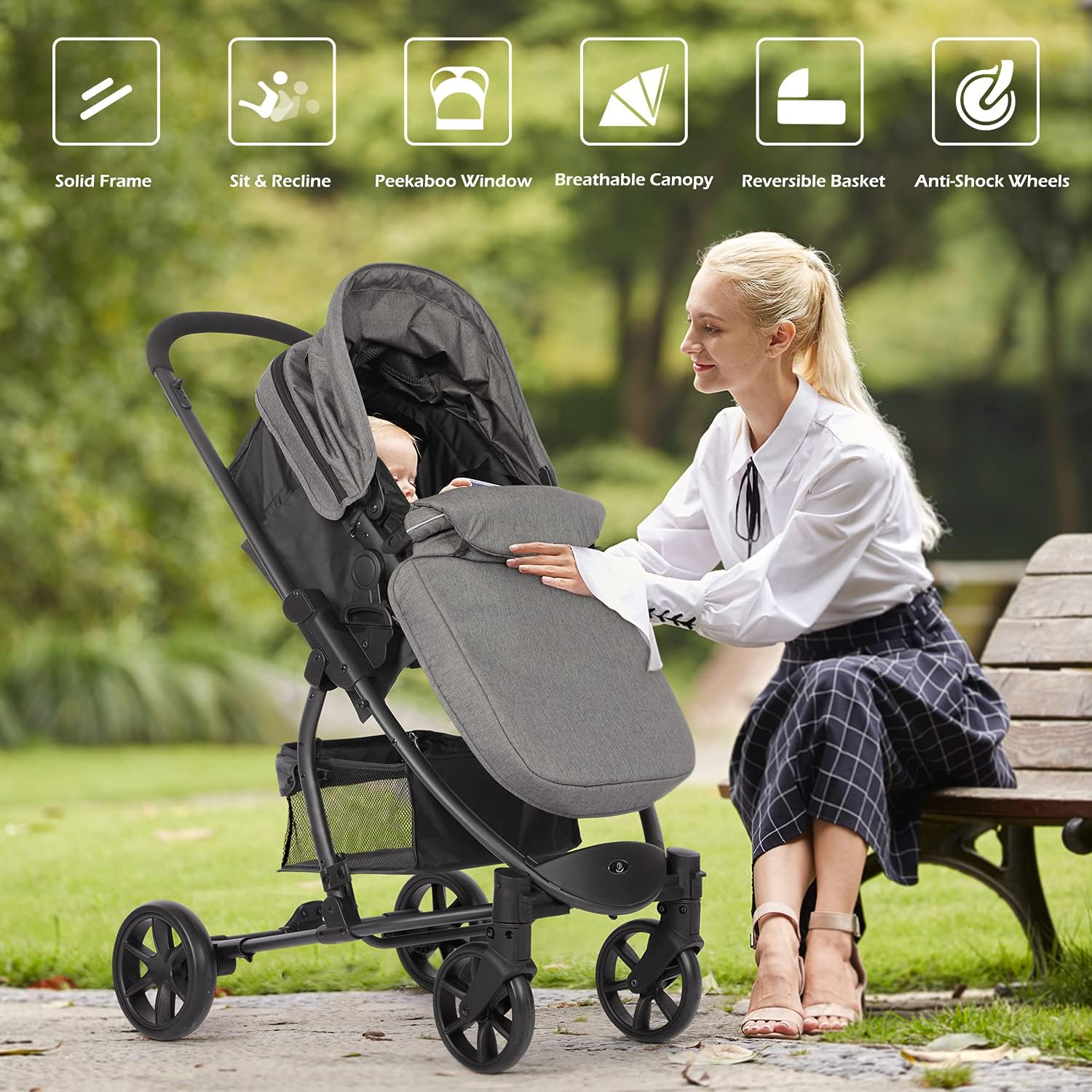 Hadwin Pram 2-in-1 Travel System, Foldable Baby Pushchair with Rain Cover