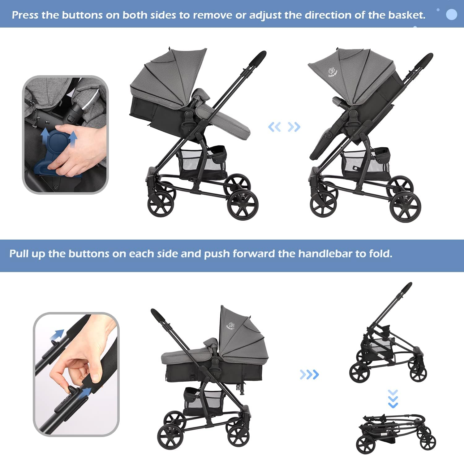 Hadwin Pram 2-in-1 Travel System, Foldable Baby Pushchair with Rain Cover