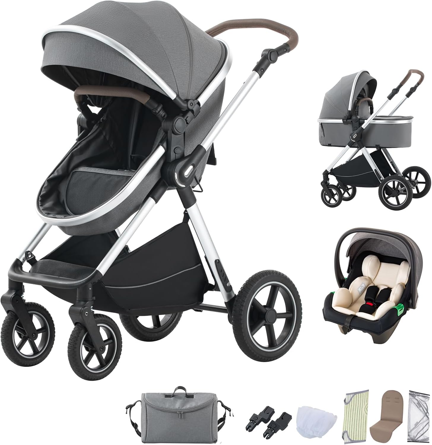 BEBBY 3 in 1 Pram, Pushchair with Seat, Pushchair 3 in 1 Travel Stroller