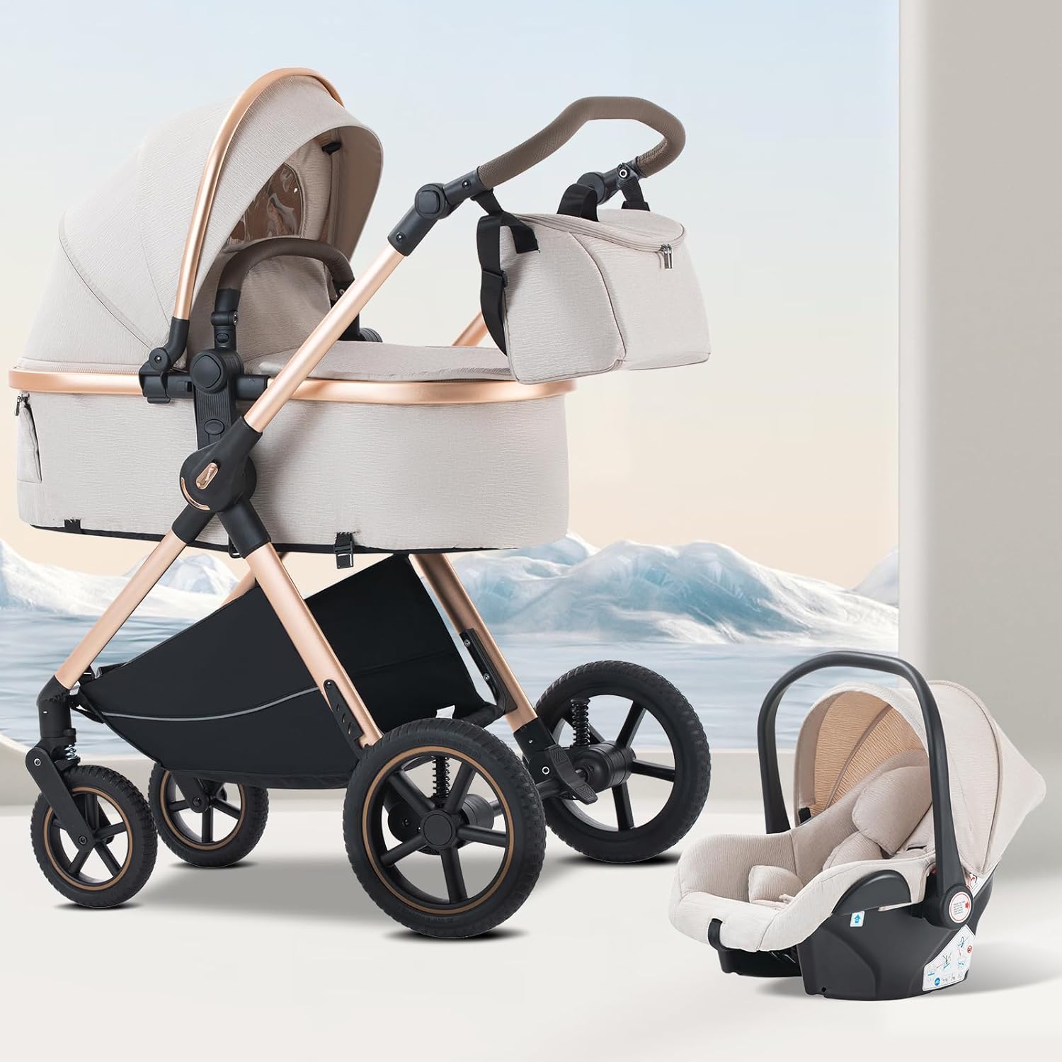 BEBBY 3 in 1 Pram, Pushchair with Seat, Pushchair 3 in 1 Travel Stroller