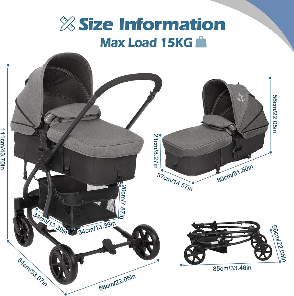 Hadwin Pram 2-in-1 Travel System, Foldable Baby Pushchair with Rain Cover