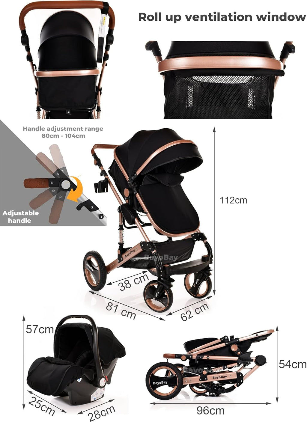 Baby Stroller 3 in 1 Pram Pushchair Buggy Child Lightweight Folding Stroller 3 in 1