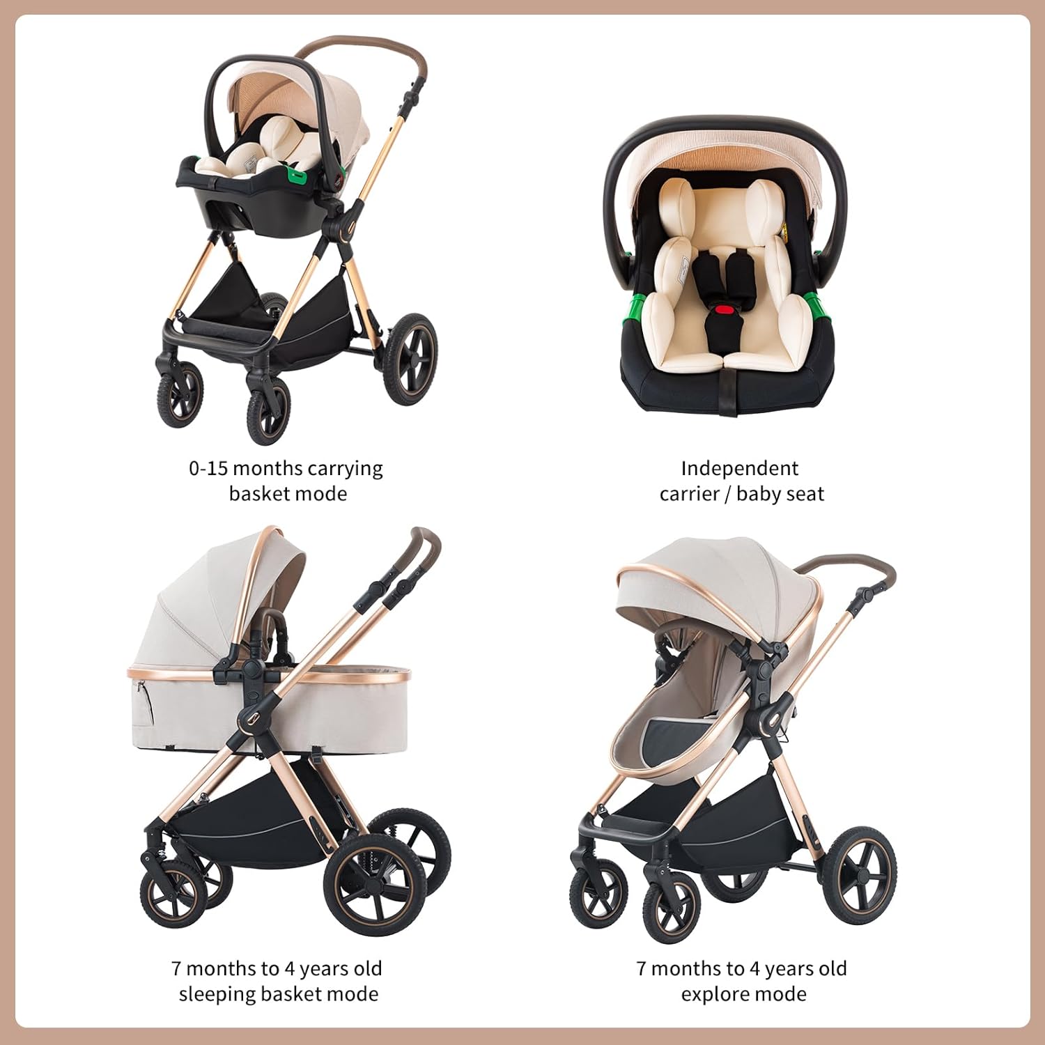 BEBBY 3 in 1 Pram, Pushchair with Seat, Pushchair 3 in 1 Travel Stroller